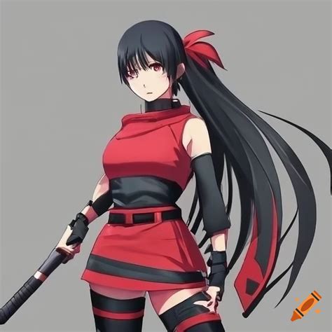 Anime Female Kunoichi Ninja Full Body Wearing Red And Black Color