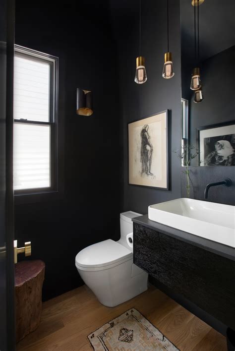 Black Powder Room With Brass Pendant Lights Contemporary Bathroom