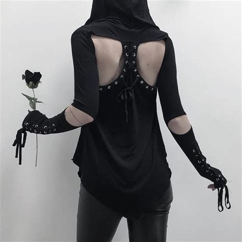 Rosetic Goth Hooded Women Black Hoodie Autumn 2019 Gothicasymmetric Hollow Lace Up Backless Cool