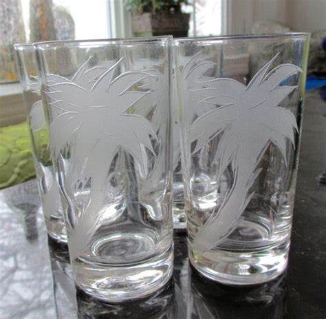 Set Of Four Clear Vintage Highball Or Tumbler Glasses With Etched Palm Trees Stamped On Bottom