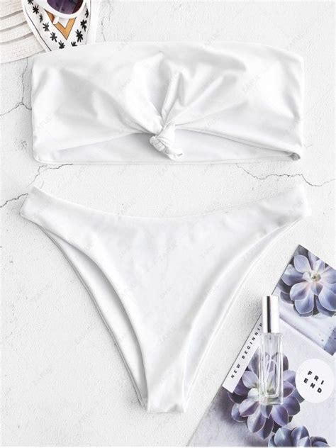 54 Off 2021 Zaful Knot Bandeau Bikini Set In White Zaful