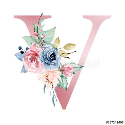 Floral Alphabet Letter V With Watercolor Flowers And Leaf Monogram