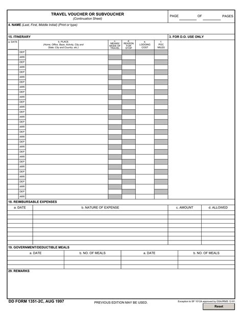 Dd Form 1351 2c Travel Voucher Or Subvoucher Continuation Sheet