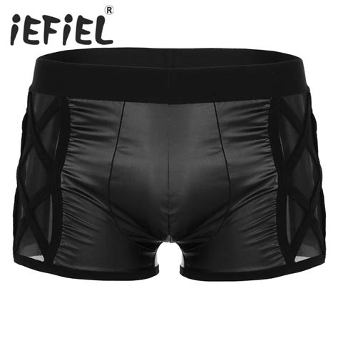 Iefiel Sexy Men Lingerie Soft Faux Leather Multi Strap Cross Bulge Pouch Low Rise Shorts Boxer