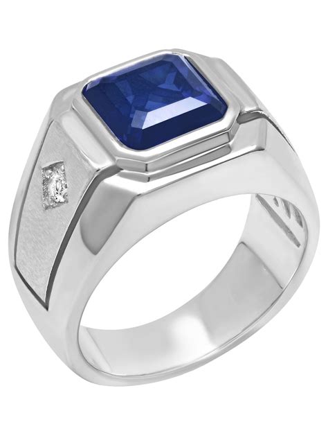 Mens 925 Sterling Silver Square Cut Blue Sapphire Gemstone Ring
