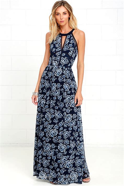 Stunning Navy Blue Maxi Dress Floral Print Dress Gown 7400 Lulus