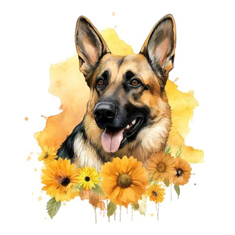 German Shepherd Dog With Sunflower Watercolor Illustration Ai