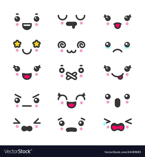 Kawaii Cute Faces Emoticons Icon Set Royalty Free Vector