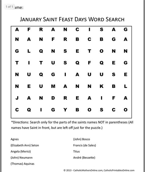 Saint Feast Days Catholic Saints Word Search Puzzle Words Horse