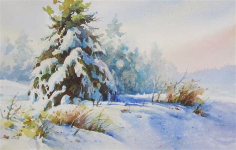 Watercolor Snow Scenes Painting Winter Snow In