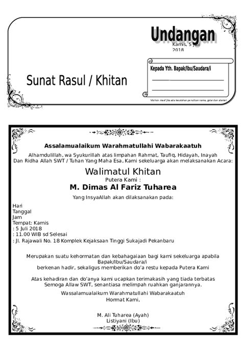 Format undangan ini dibuat menggunakan microsoft word yang mudah diedit. Contoh Undangan Khitanan Microsoft Word - cari