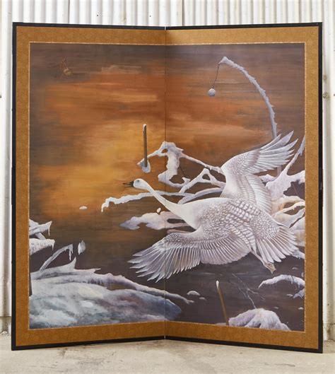 Japanese Style Two Panel Screen Winter Goose In Flight For Sale At