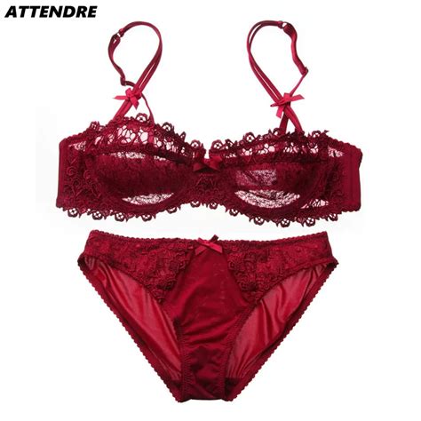 Attendre Womens Lumiere Lace Unlined Sheer Balconette Red Bra And Panties Set Underwear Sexy
