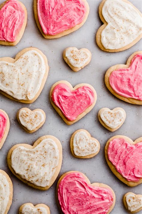 Valentines Day Heart Sugar Cookies With Cream Cheese Frosting Blue Bowl