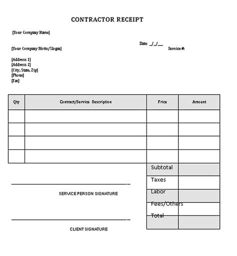 Contractor Receipt Template | Receipt template, Business template, Word template