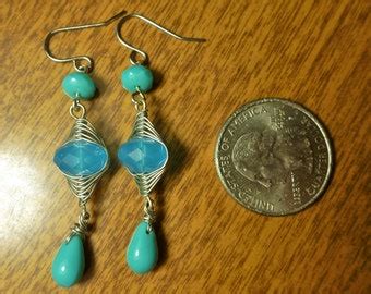 Turquoise Glass Beads And Herringbone Wire Wrapped Earrings