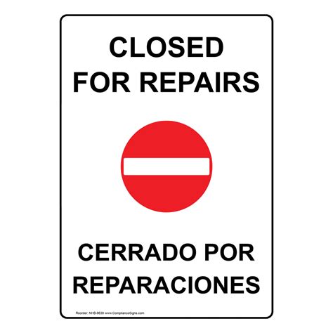 English Spanish Vertical Sign Closed For Repairs With Symbol