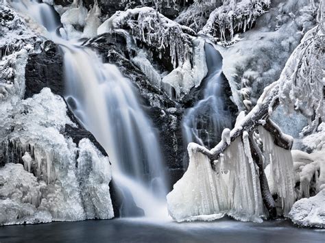Nature Winter Snow Icicles Ice Frost Waterfall Water Trees Rocks Frozen