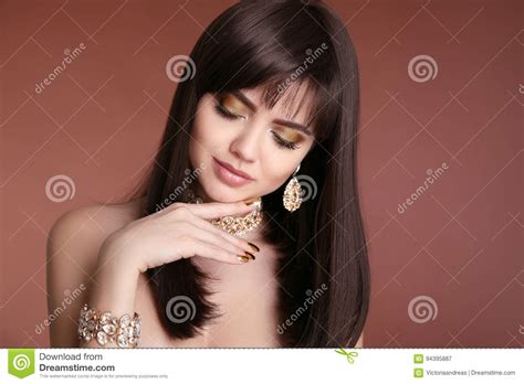 Nails Manicure Beauty Girl Brunette Portrait Fashion Golden Jewelry Women Set Female With
