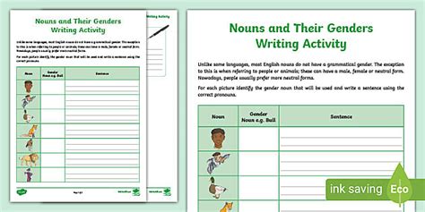 Nouns And Their Genders Writing Activity Twinkl