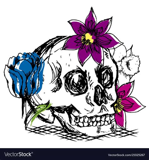 Skull With Flowers Drawing Royalty Free Vector Image