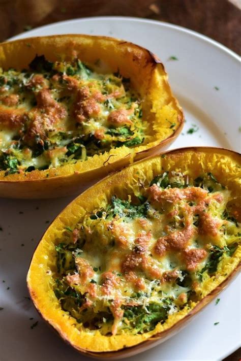 Cheesy Roasted Garlic Spaghetti Squash With Spinach Recipe