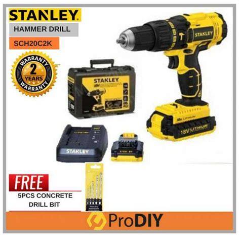 Stanley Sch20c2k 18v Hammer Cordless Drill Foc 5pcs Concrete Drill
