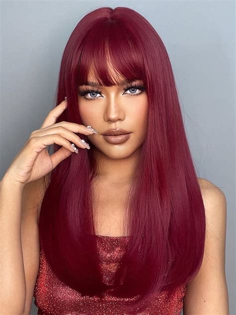 Red Collar Synthetic Fiber Bangs Wig Embellished Wigs And Accs Red Hair With Bangs Wigs With