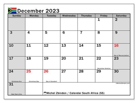 December 2023 Printable Calendar South Africa Ss Michel Zbinden Za