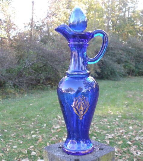 Vintage Cobalt Blue Glass Avon Decanter Genie Bottle W Stopper Gold Trim Pitcher Avon