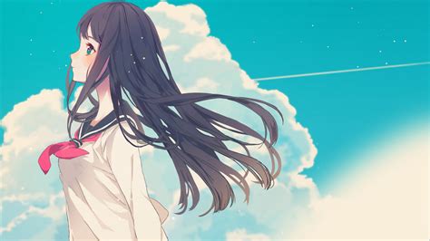 Wallpaper Illustration Long Hair Anime Girls Sky Clouds School