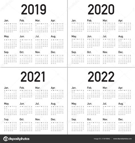 Year 2019 2020 2021 2022 Calendar Vector Design Template Simple — Stock