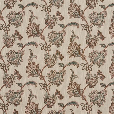 Beige Floral Vines With Aqua Accent Contemporary Damask Upholstery