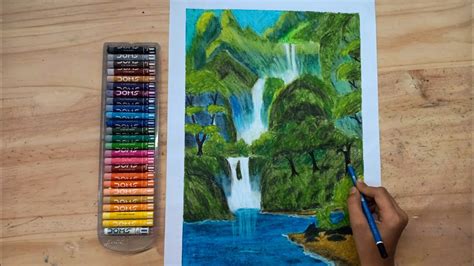 Step By Step Waterfall Landscape Oil Pastel Painting For