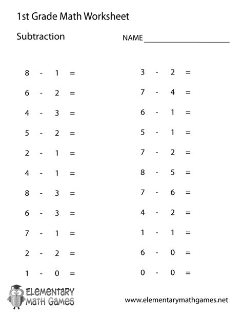 First Grade Subtraction Worksheets Printable Free
