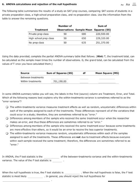 Solved: ANOVA Calculations And Rejection Of The Null Hypot ...