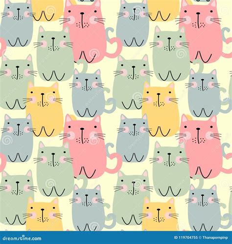 Cute Cat Seamless Pattern Vector Lovely Cat In Pastel Color Stock