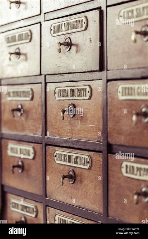 Vintage Wooden Boxes For Medications Pharmacy Inventory Stock Photo