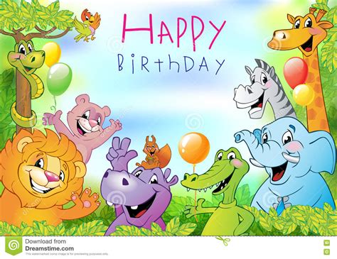 Cartoon Animals Birthday Greeting Card Stock Vector