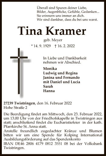 Traueranzeigen Von Tina Kramer Trauerkreiszeitungde