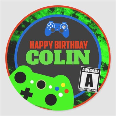 A Happy Birthday Sticker With A Video Game Controller And The Words