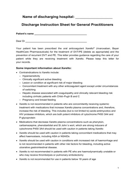 Discharge Instruction Sheet For General Practitioners