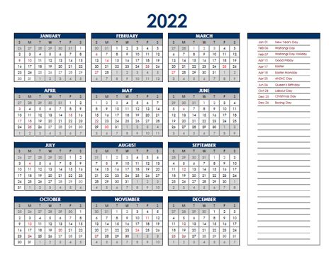 2022 New Zealand Annual Calendar With Holidays Free Printable Templates