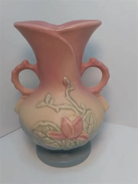 Vintage Hull Art Pottery Magnolia Double Handle Vase Rare Blue And Pink