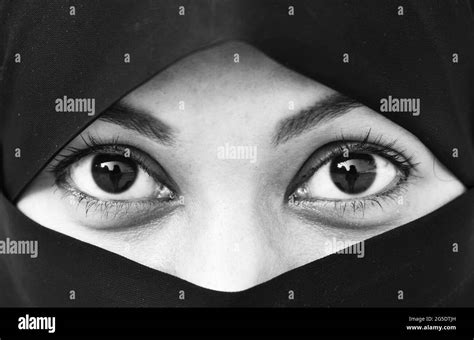 Closeup Of Beautiful Woman Face Covered With Hijab Perfect Shiny Eyes
