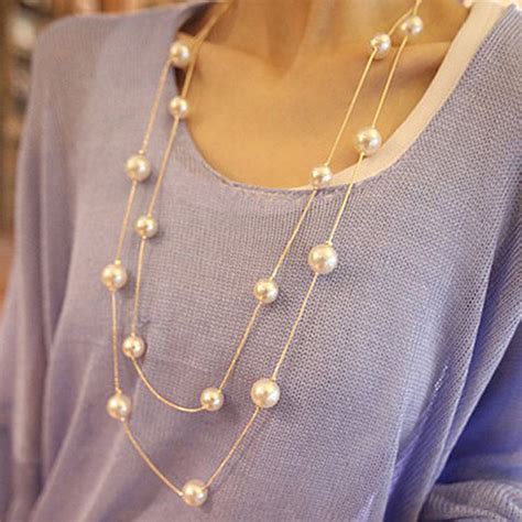 N826 Double Layer Simulated Pearls Necklaces Fashion Jewelry Long Chain