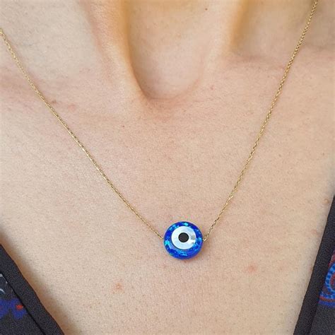 14K Solid Gold Necklace With Round Shaped Evil Eye Opal Etsy In