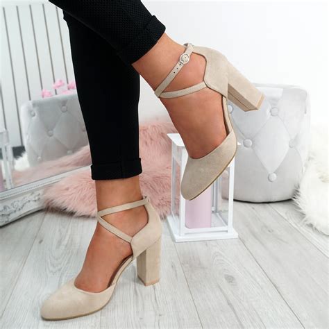 Womens Ladies Ankle Strap High Block Heel Pumps Buckle Strap Casual