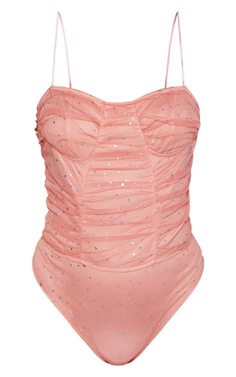 Pink Sequin Mesh Ruched Bodysuit Tops Prettylittlething