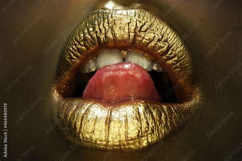 Sexy Tongue Sensual Lick Lip Icon With Golden Glitter Effect Sensual Mouth Symbol Of Kiss